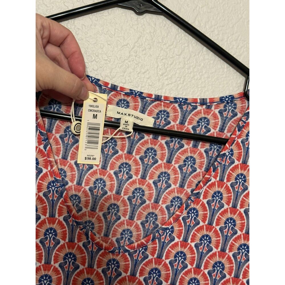 Max Studio Orange/Red and Blue Printed, Tiered Dress – Women's Size M (NWT) - Picture 2 of 3